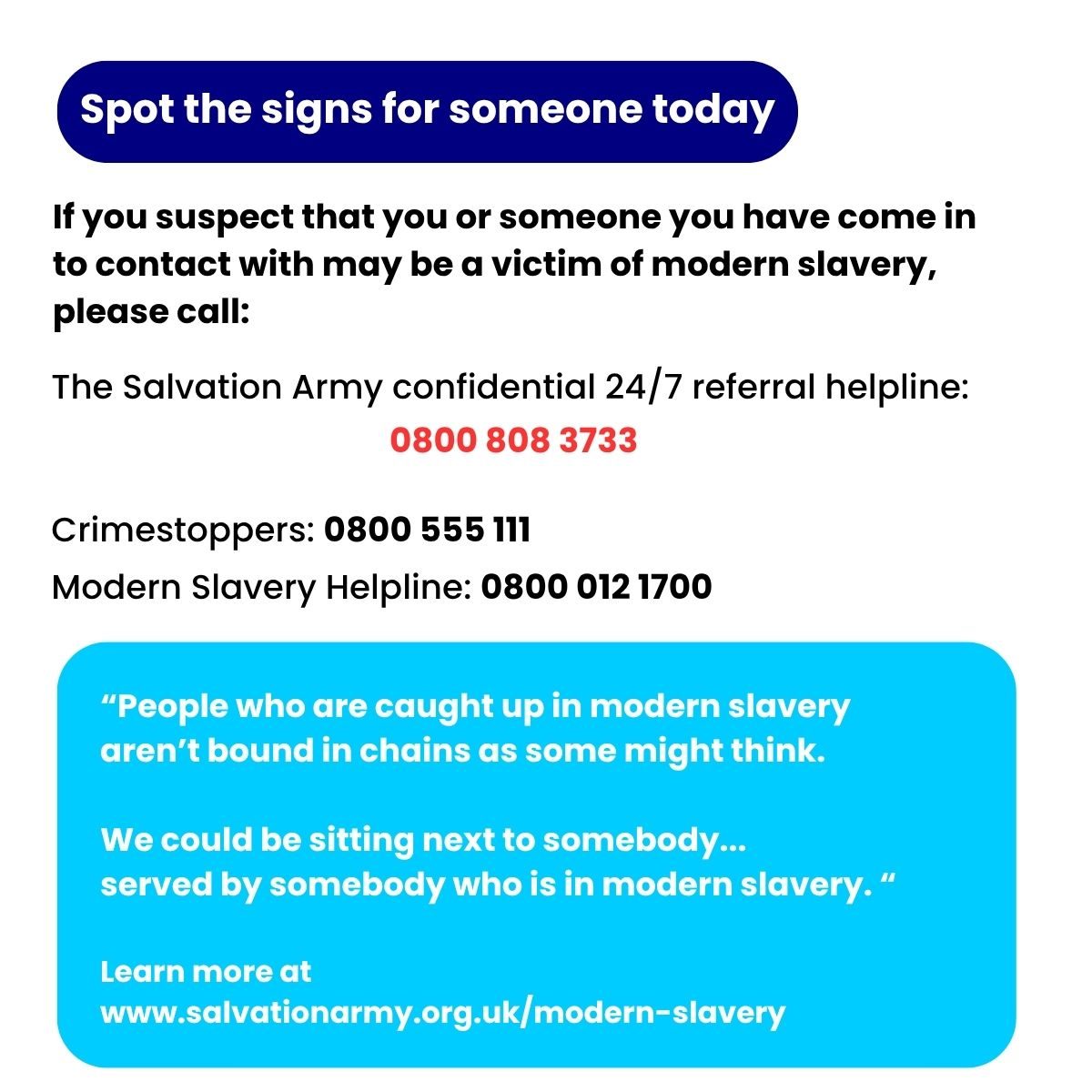 Blue and white graphic with key helpline numbers and a call to action to recognise modern slavery, alongside a public awareness quote and Salvation Army website link.