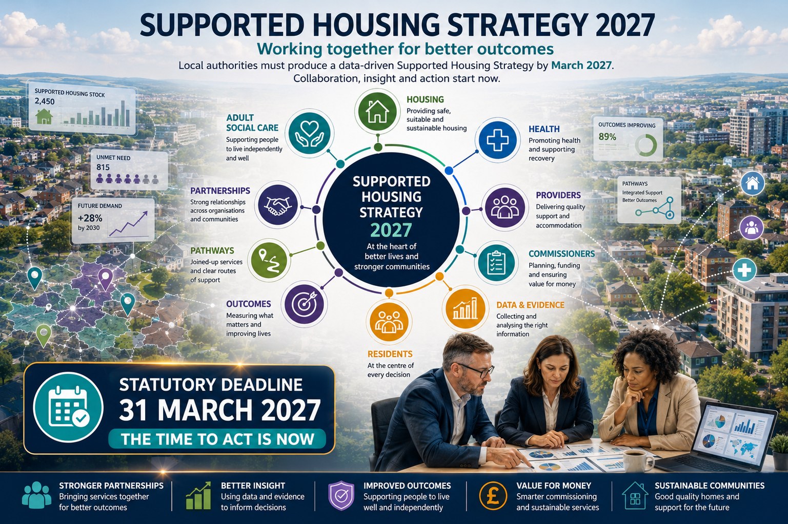 Infographic showing the key themes of Supported Housing Strategy 2027, highlighting partnership working, data, governance and the statutory deadline of 31 March 2027.