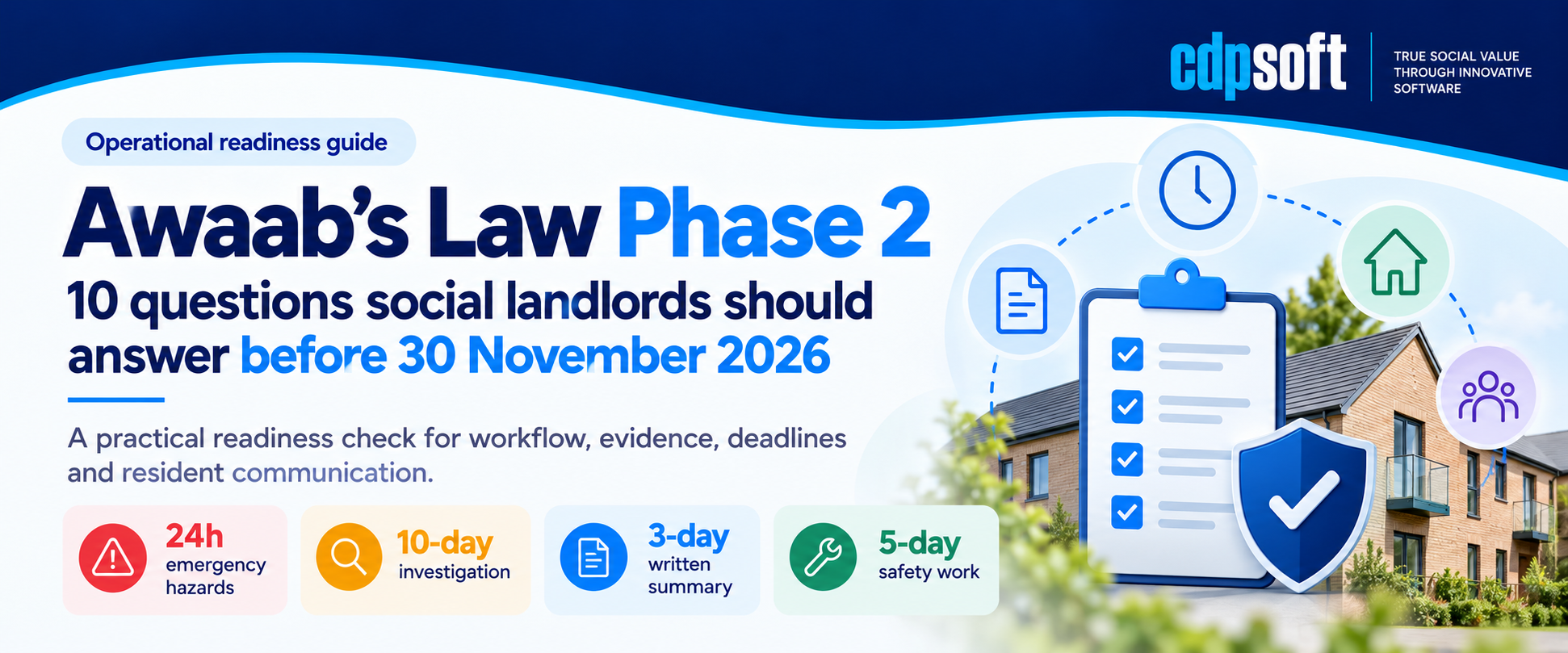 CDPSoft blog banner for Awaab’s Law Phase 2, showing a housing block with a compliance checklist, shield, timer and housing icons, alongside key deadlines for emergency hazards, investigations, written summaries and safety work
