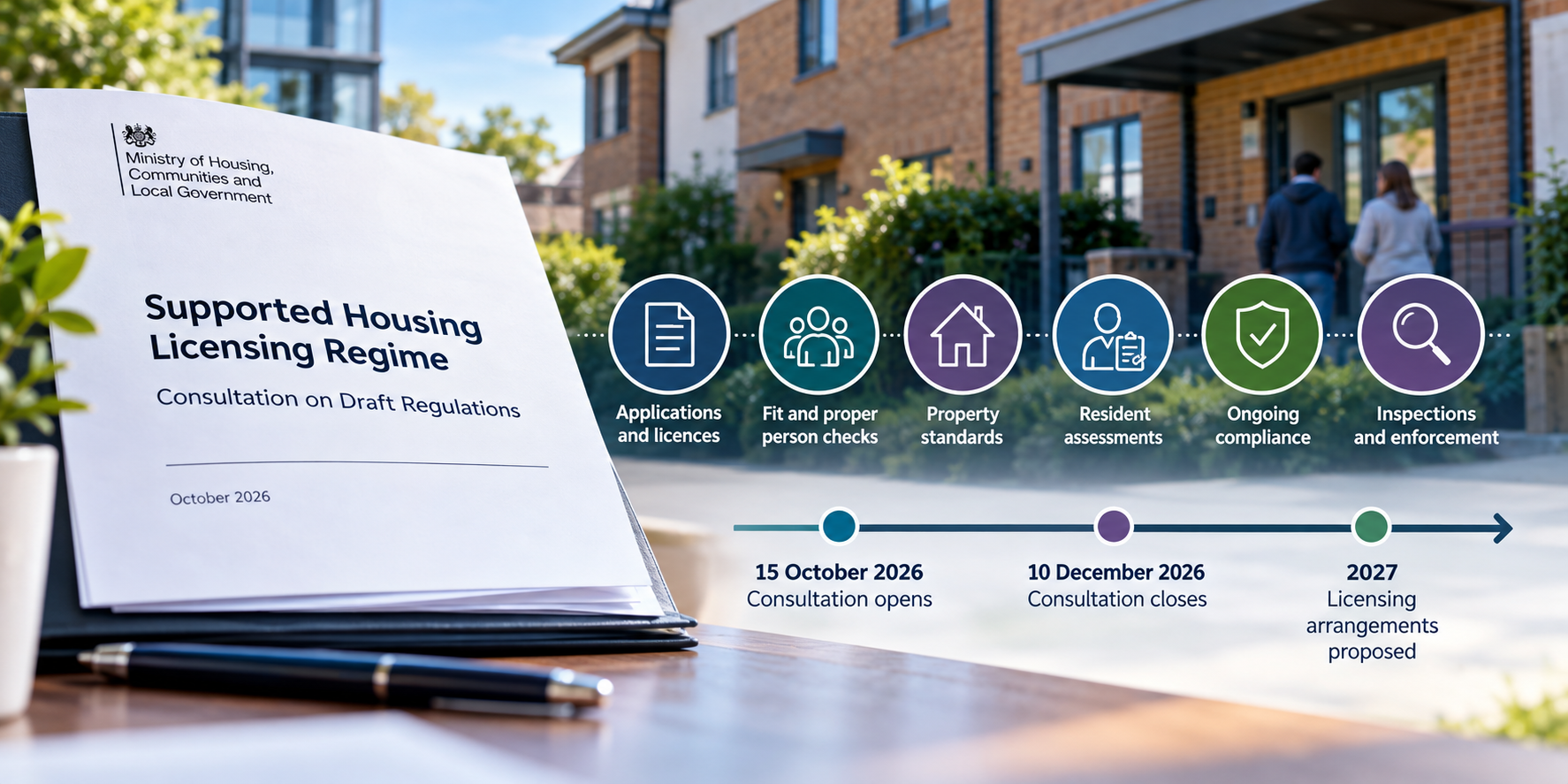 Infographic showing the proposed Supported Housing Licensing Regime, key compliance requirements and consultation dates for 2026.
